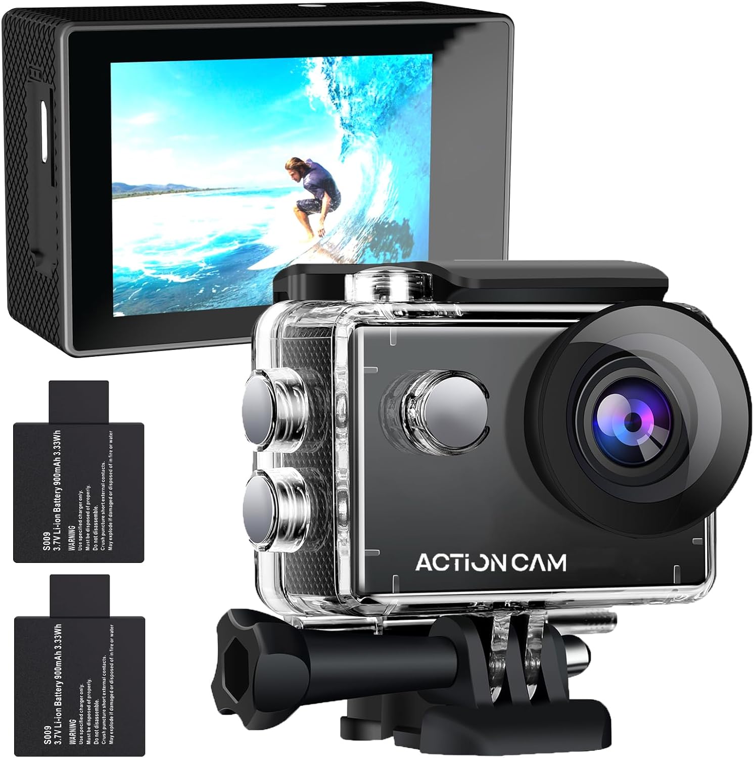 Action Camera 1080P 30fps Sports Camera 40m/131ft Underwater Waterproof with 2 Batteries and Multi-Function Accessory