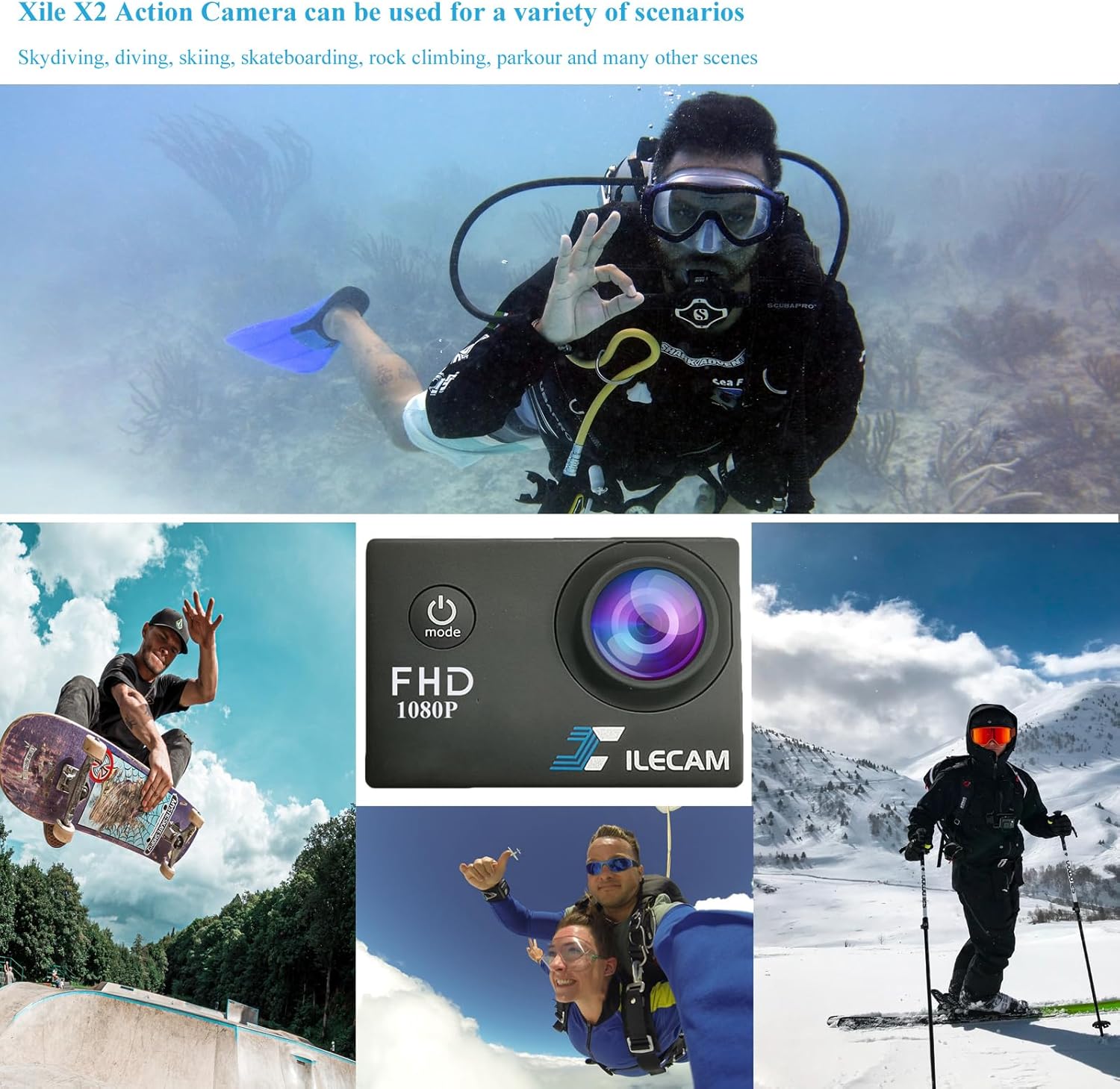 Action Camera 1080P 30fps Sports Camera 40m/131ft Underwater Waterproof with 2 Batteries and Multi-Function Accessory - Image 5