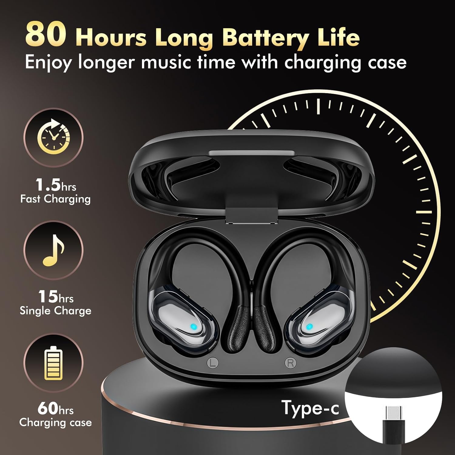 Catitru Wireless Earbuds Bluetooth Headphones 80H Playback Ear Buds Power Display with Noise Canceling Mic with Earhooks for Sports/Workout - Black - Image 2