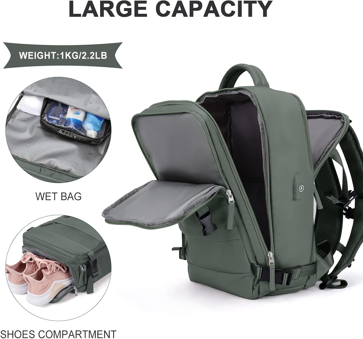 Large Travel Backpack For Women Men,Carry On Backpack,Hiking Backpack Waterproof Outdoor Sports Rucksack Casual Daypack Travel Essentials(Olive Green) - Image 4