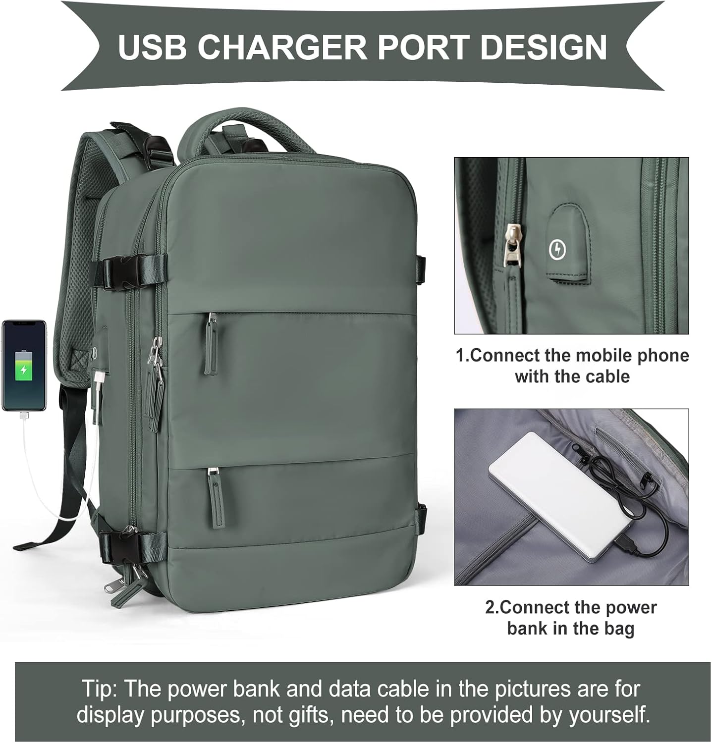 Large Travel Backpack For Women Men,Carry On Backpack,Hiking Backpack Waterproof Outdoor Sports Rucksack Casual Daypack Travel Essentials(Olive Green) - Image 5