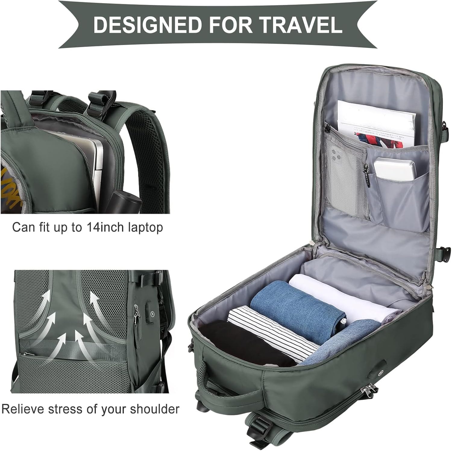 Large Travel Backpack For Women Men,Carry On Backpack,Hiking Backpack Waterproof Outdoor Sports Rucksack Casual Daypack Travel Essentials(Olive Green) - Image 6