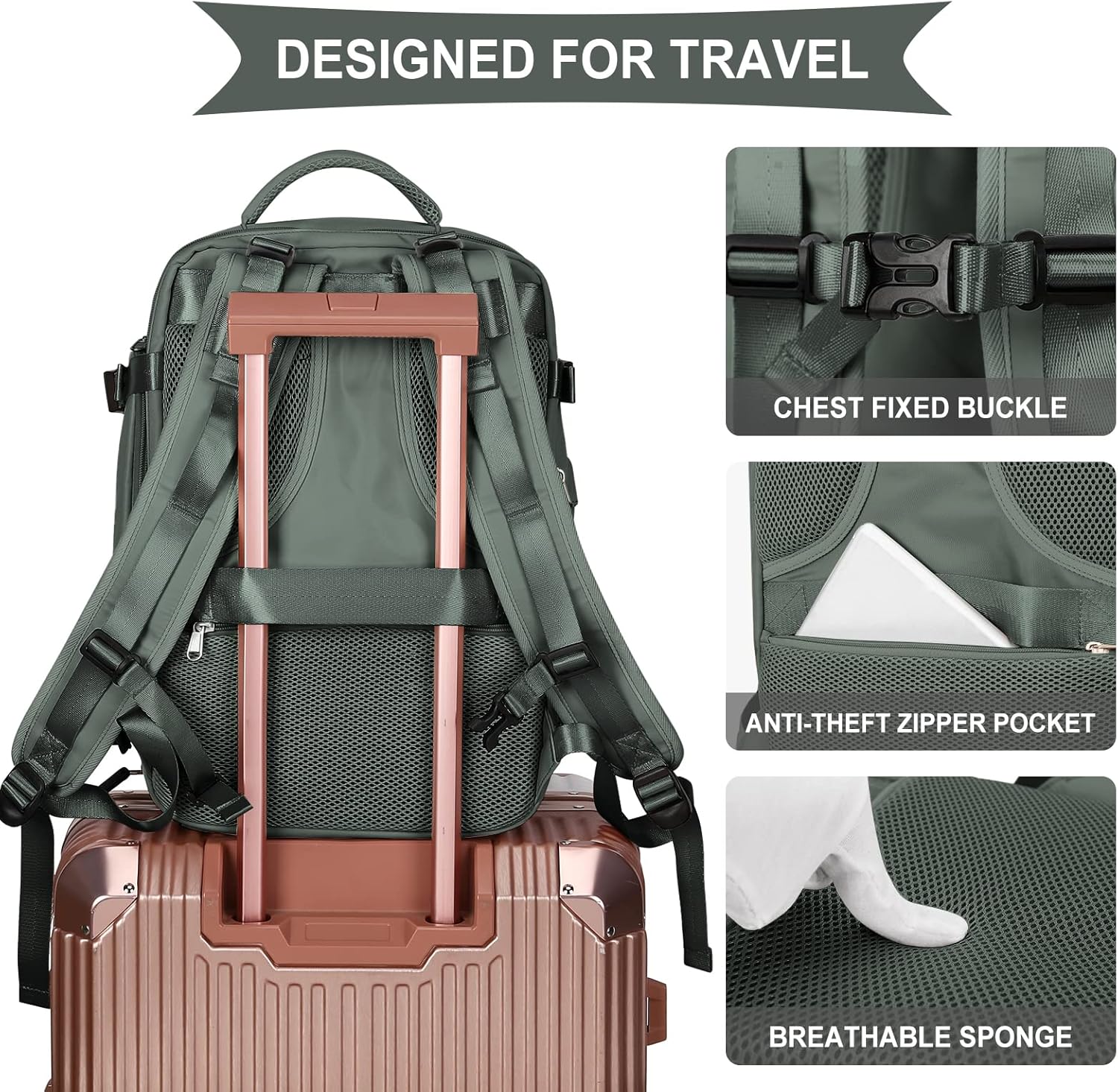 Large Travel Backpack For Women Men,Carry On Backpack,Hiking Backpack Waterproof Outdoor Sports Rucksack Casual Daypack Travel Essentials(Olive Green) - Image 7